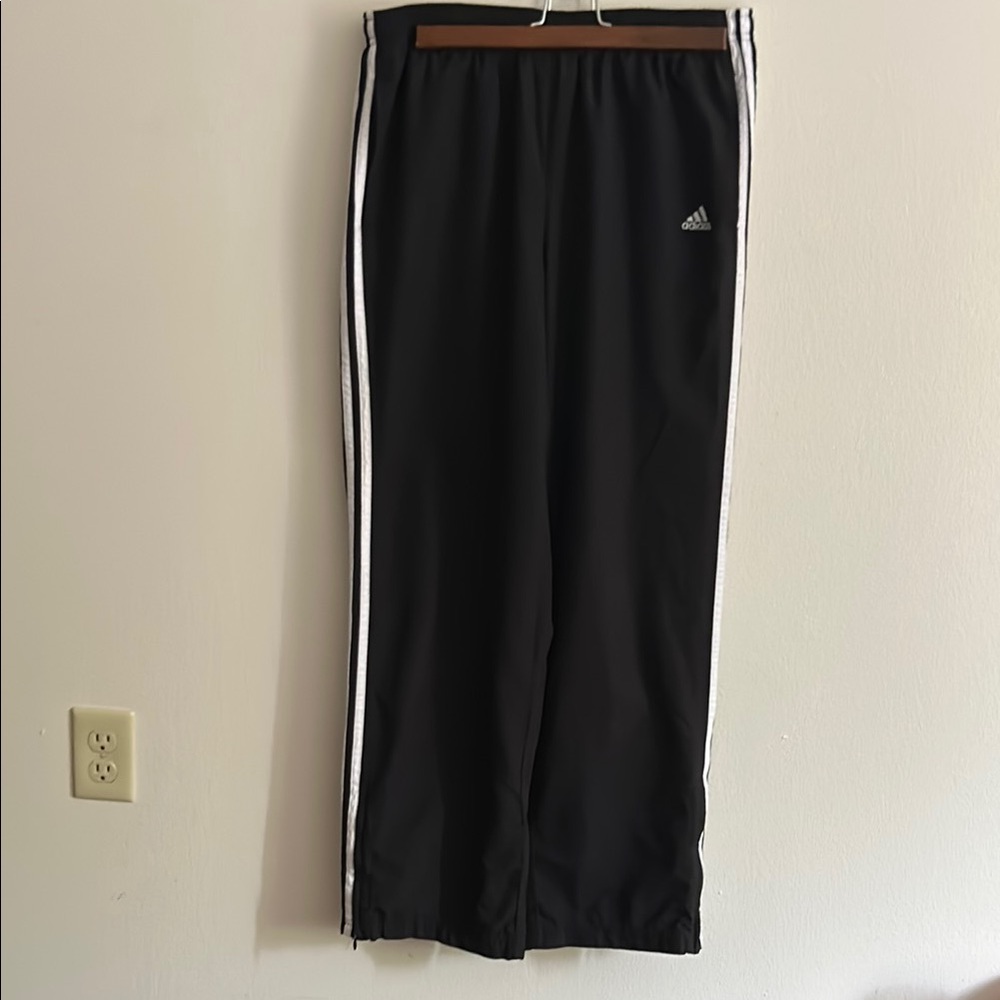 Vintage Adidas Black/White 3 Stripe Joggers Pockets Zippers at Hem Elastic Waist